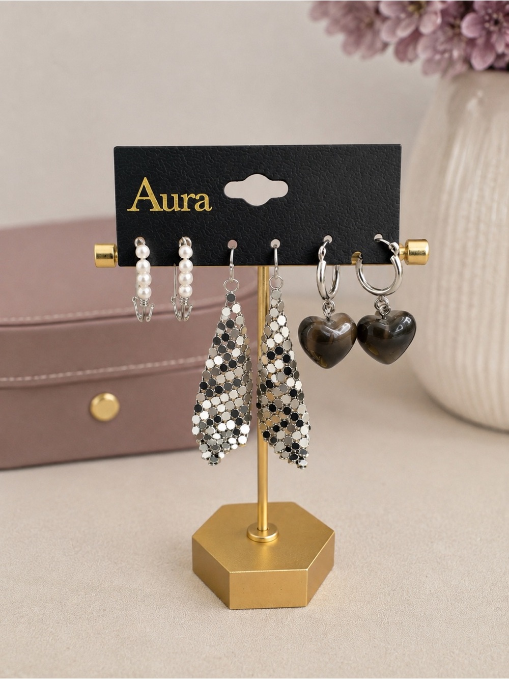 6/$25 - Aura 3-Pair Silver-Tone Earring Set (BR 999/4)